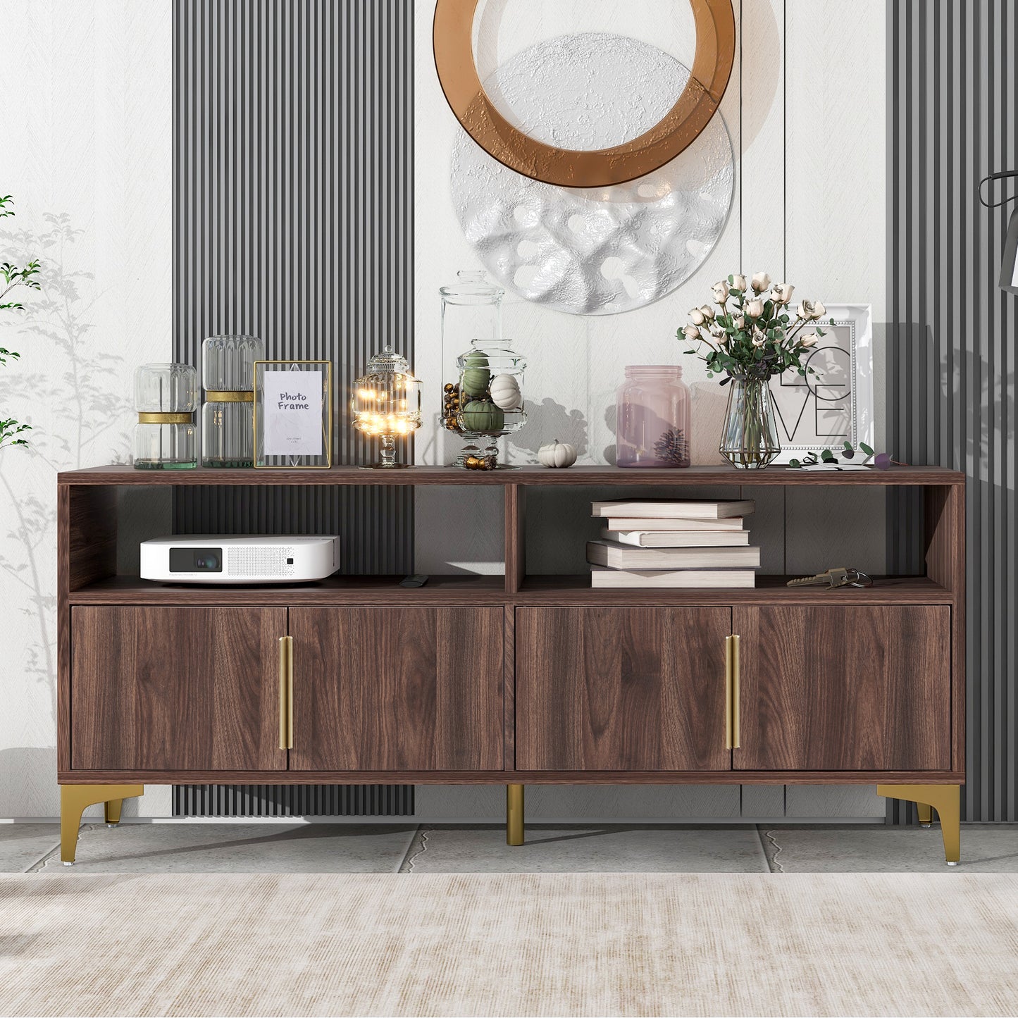 TREXM 58” L Sideboard with Gold Metal Legs and Handles Sufficient Storage Space Magnetic Suction Doors (Brown)