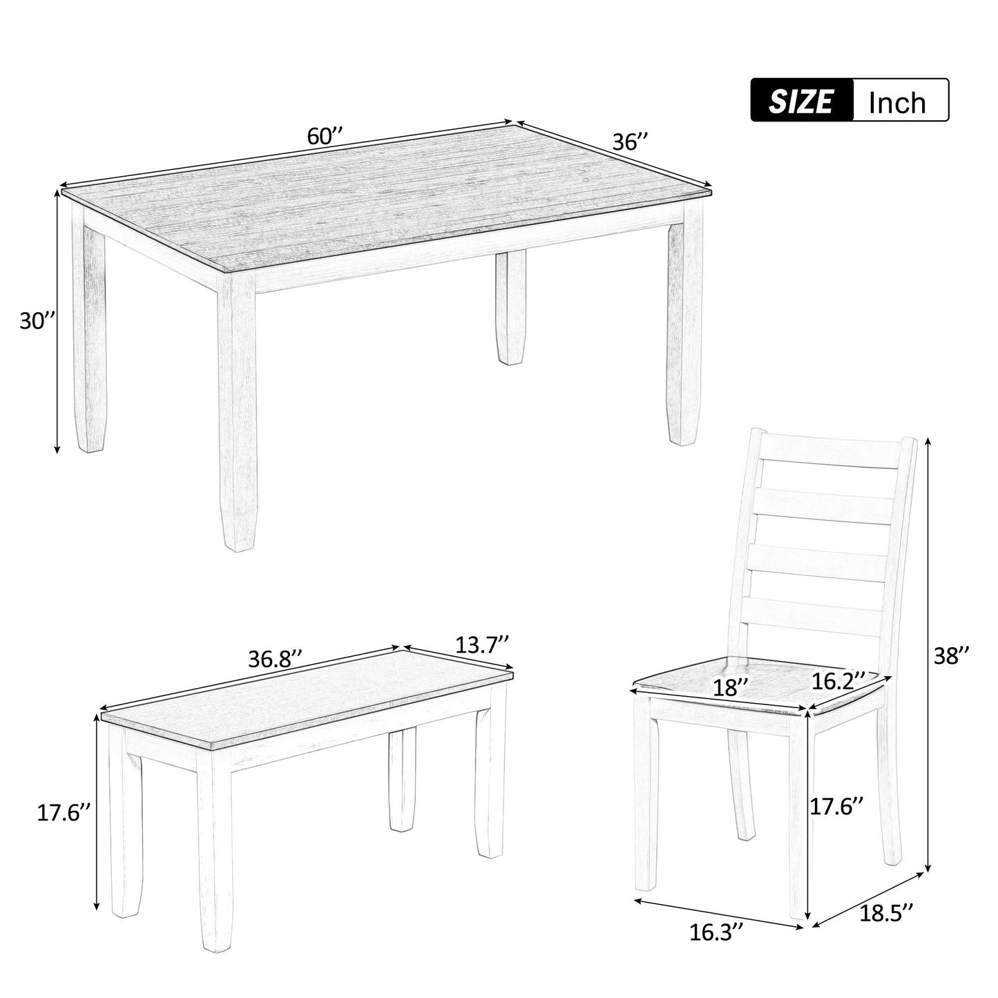 TREXM Rustic Style 6-Piece Dining Room Table Set with 4 Ergonomic Designed Chairs & a Bench (Walnut + Cottage White)