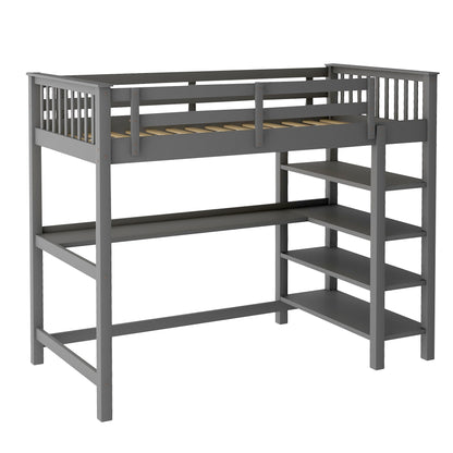 Twin Size Loft Bed with Storage Shelves and Under-bed Desk, Gray