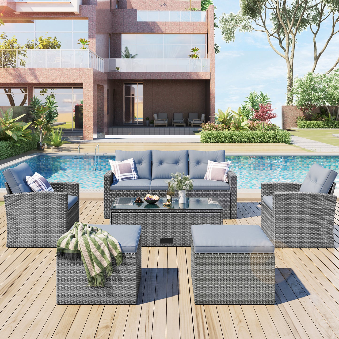 GO 6-piece All-Weather Wicker PE rattan Patio Outdoor Dining Conversation Sectional Set with coffee table, wicker sofas, ottomans,  removable cushions (Dark grey wicker, Light grey cushion)