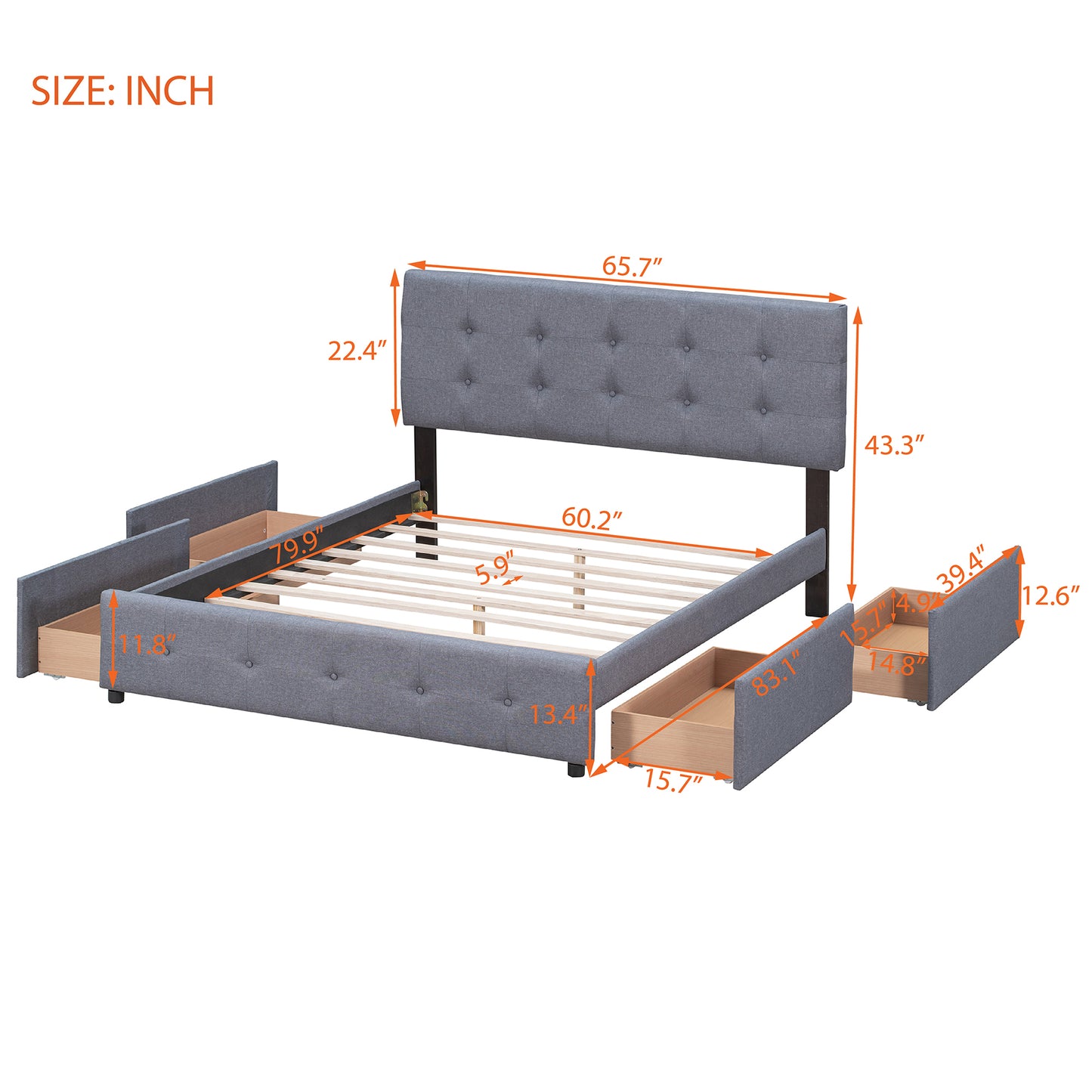 Upholstered Platform Bed with Classic Headboard and 4 Drawers, No Box Spring Needed, Linen Fabric, Queen Size Dark gray(OLD SKU :LP000114AAE)