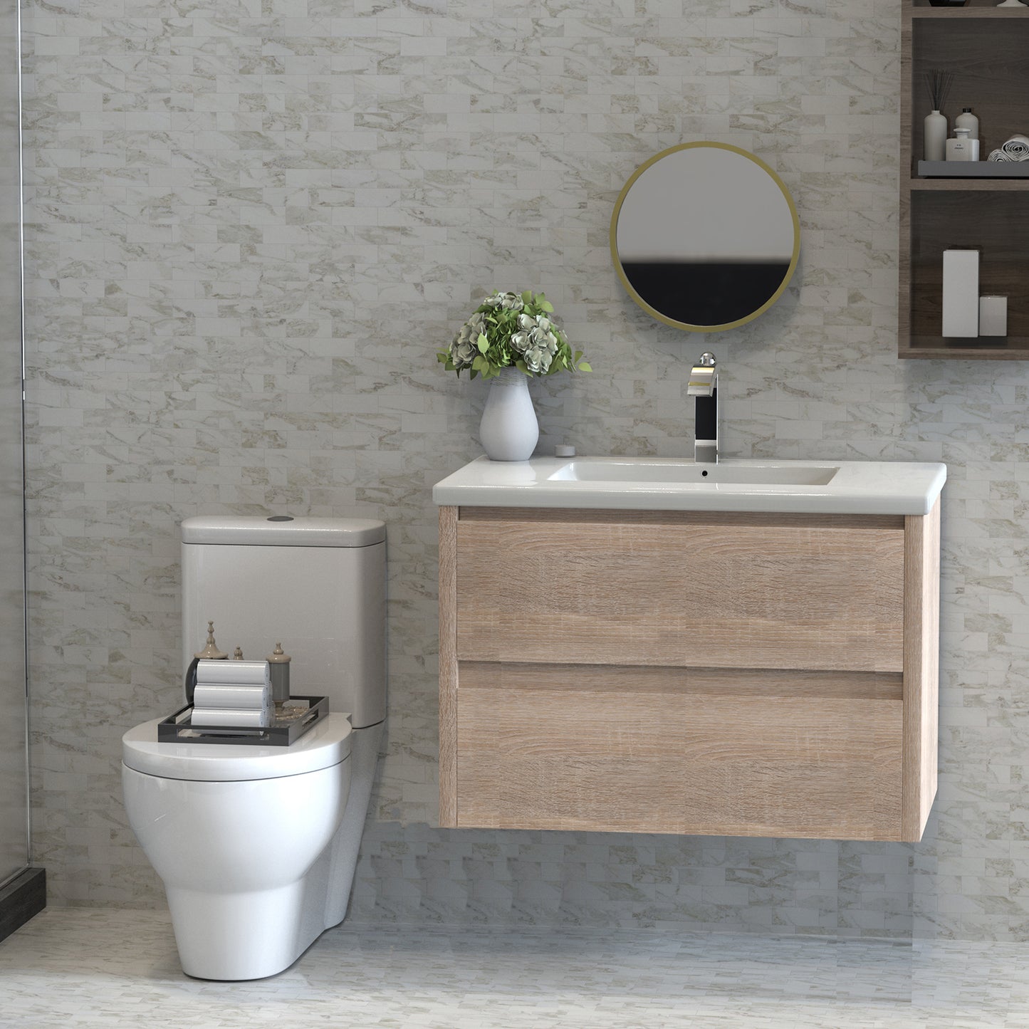 32" Bathroom Vanity with Sink,  Floating Bathroom Vanity, Single Sink Bathroom Vanities Set, Wall-Mounted Bathroom Vanity and Sink,  Imitative Oak& silvery Leg