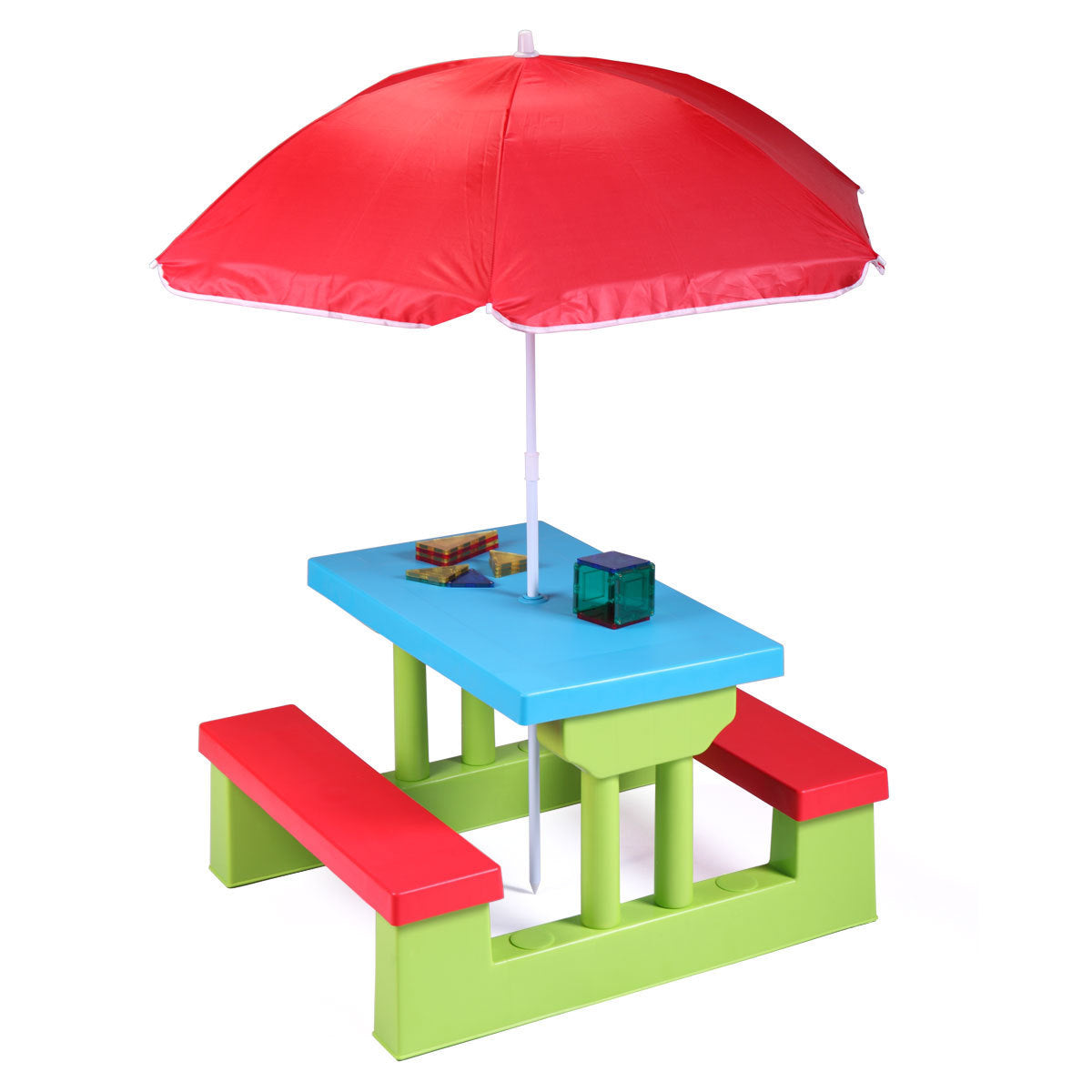 Kid Outdoor Picnic Table Set with Removable and Foldable Umbrella, Junior Activity Play Table with Bench, Multicolor