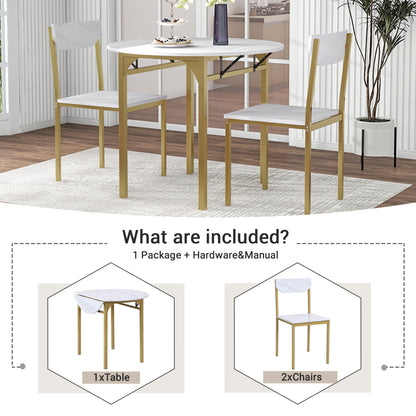 TOPMAX Modern 3-Piece Round Dining Table Set with Drop Leaf and 2 Chairs for Small Places,Golden Frame+Faux White Granite Finish