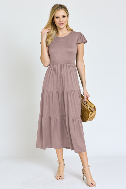 Solid Flutter Sleeve Tiered Tea Length Dress