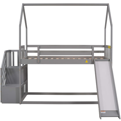 Twin over Twin House Bunk Bed with Convertible Slide,Storage Staircase can be Placed Left or Right,Gray