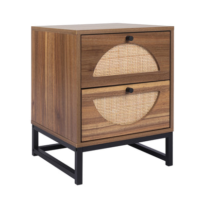 Rattan Nightstand Set of 2, Walnut End Table with 2 Natural Rattan Drawer & Metal Legs