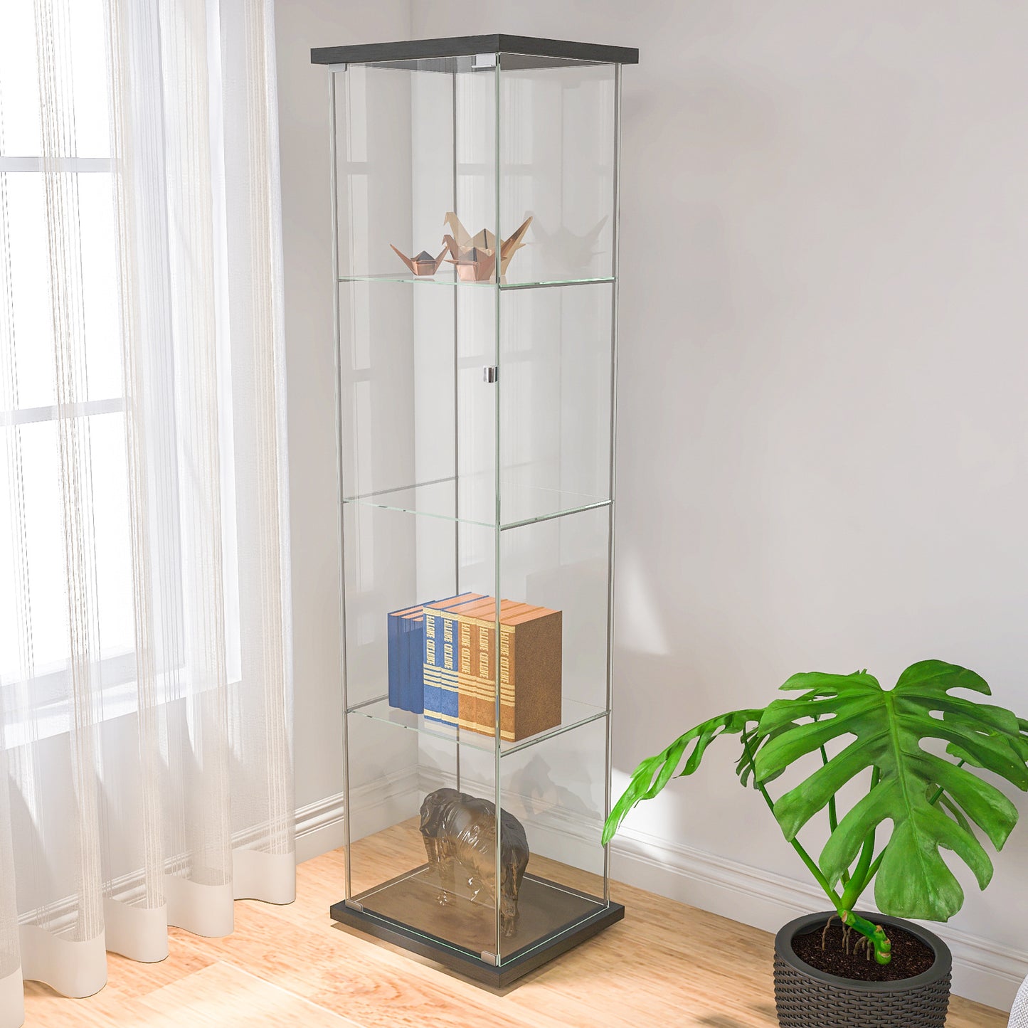 Glass Cabinet-b      Glass Display Cabinet 4 Shelves with Door, Floor Standing Curio Bookshelf for Living Room Bedroom Office, 64” x 17”x 14.5”, Black