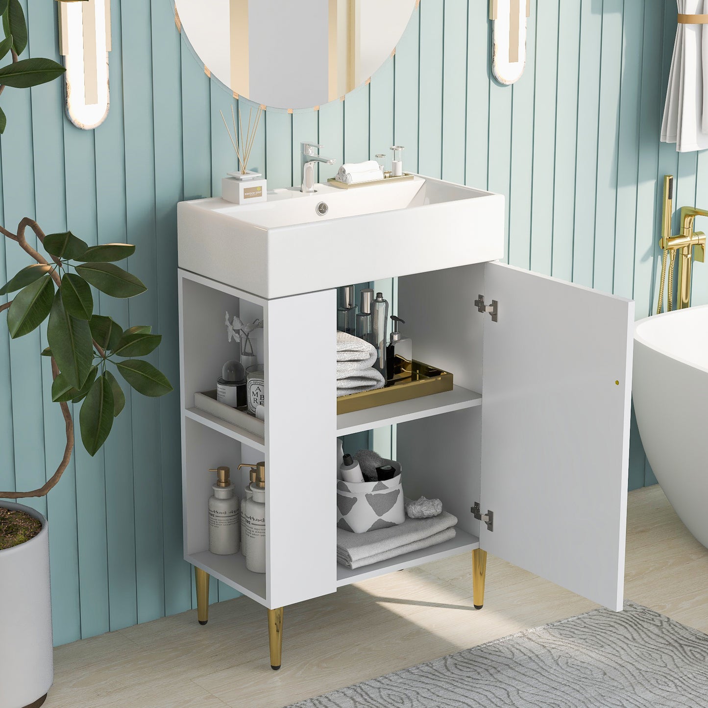 21.6" white Bathroom vanity ，Combo Cabinet ，Bathroom Storage Cabinet,Single Ceramic Vessel Sink，Left side storge