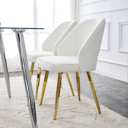 Modern Dining Chairs,Teddy Velvet Accent Chair, Living Room Leisure Chairs, Upholstered Side Chair with Golden Metal Legs for Dining Room Kitchen Vanity Patio Club Guest (Set of 2) （White  Chairs）