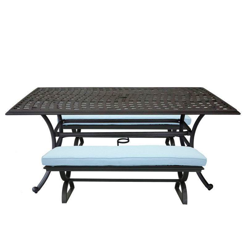 3 Piece Patio Aluminum Dining Set, Rectangle Table with 2 Cushioned Benches, Blue