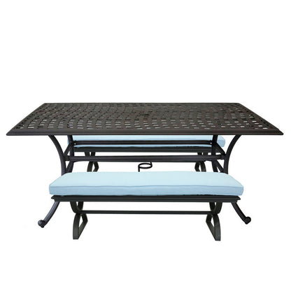 3 Piece Patio Aluminum Dining Set, Rectangle Table with 2 Cushioned Benches, Blue