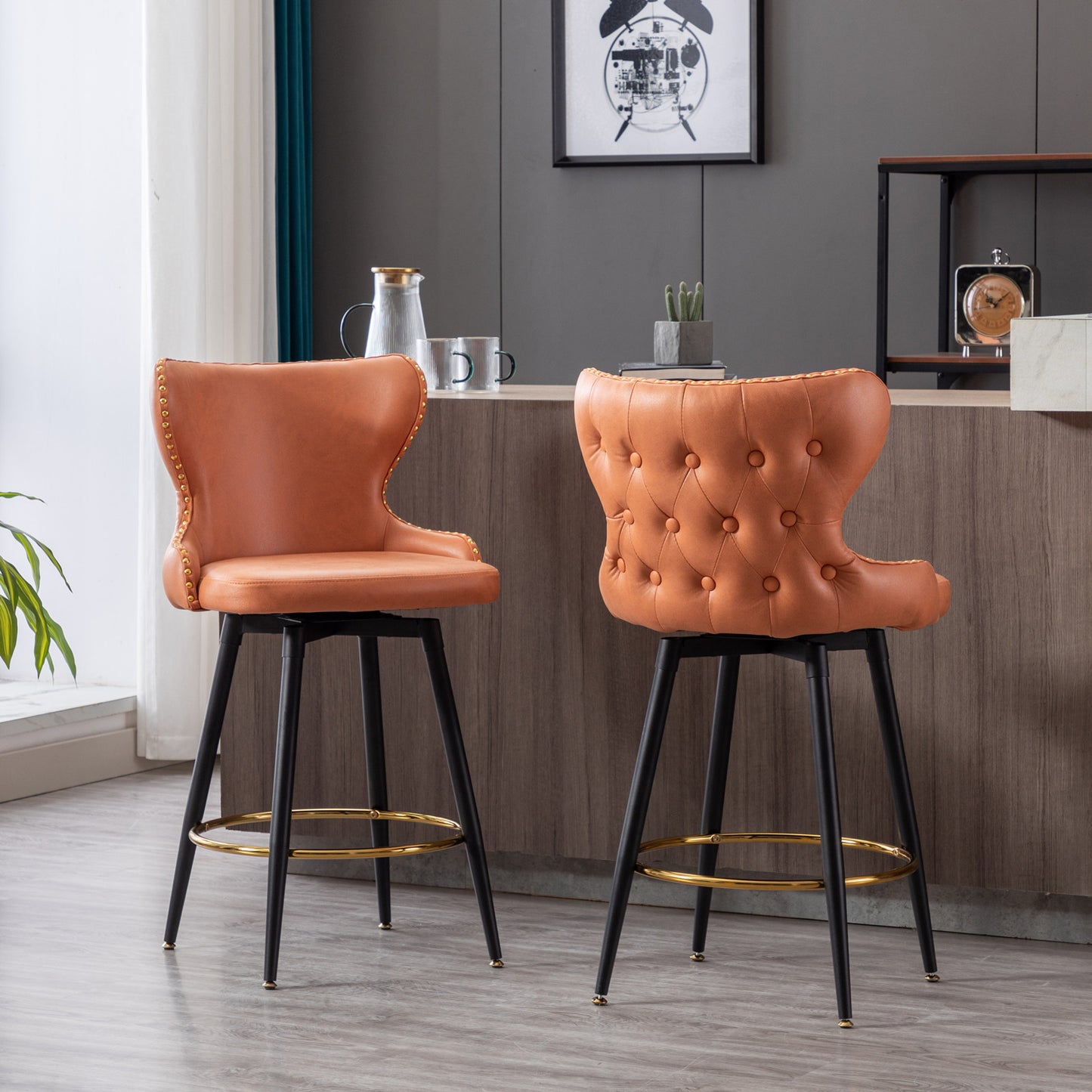 A&A Furniture,Counter Height 25" Modern Leathaire Fabric bar chairs,180° Swivel Bar Stool Chair for Kitchen,Tufted Gold Nailhead Trim Bar Stools with Metal Legs,Set of 2 (Orange)