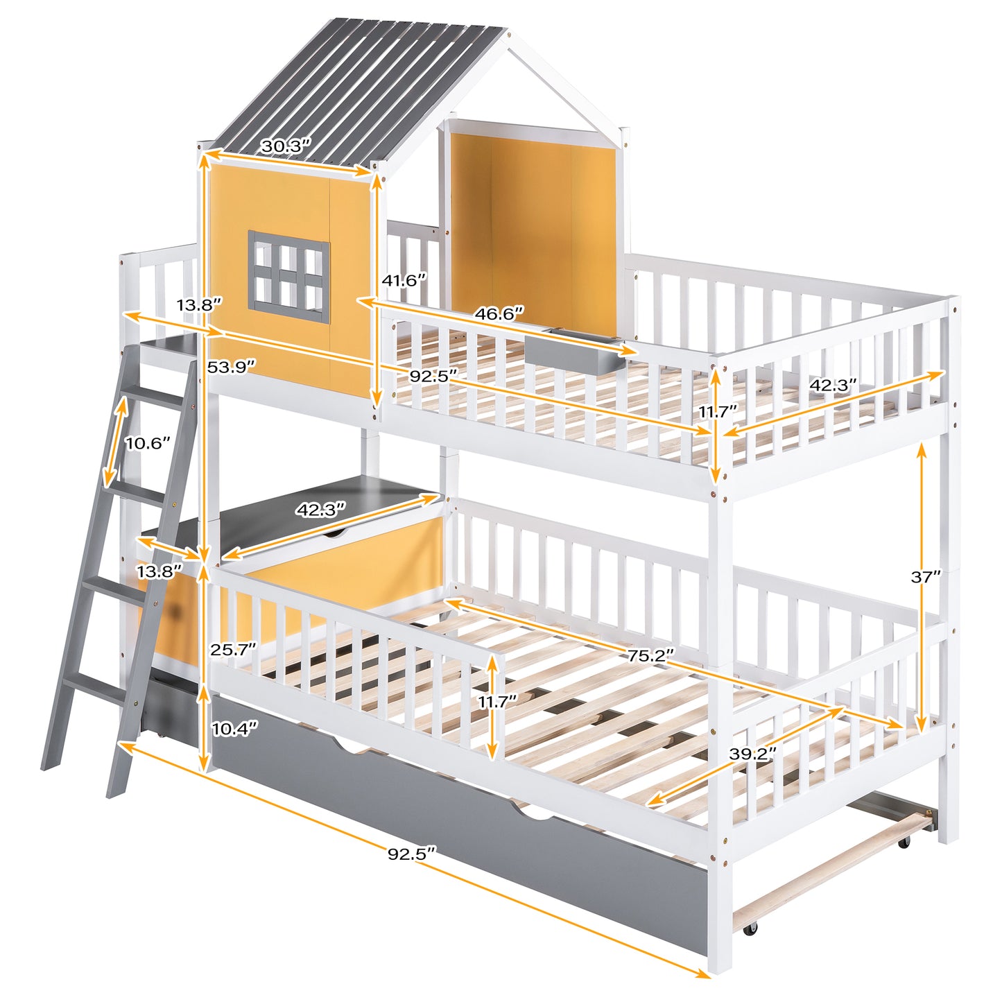 Twin over Twin Bunk Bed with Twin Size Trundle , Farmhouse Bed with Storage Box and Drawer - Yellow