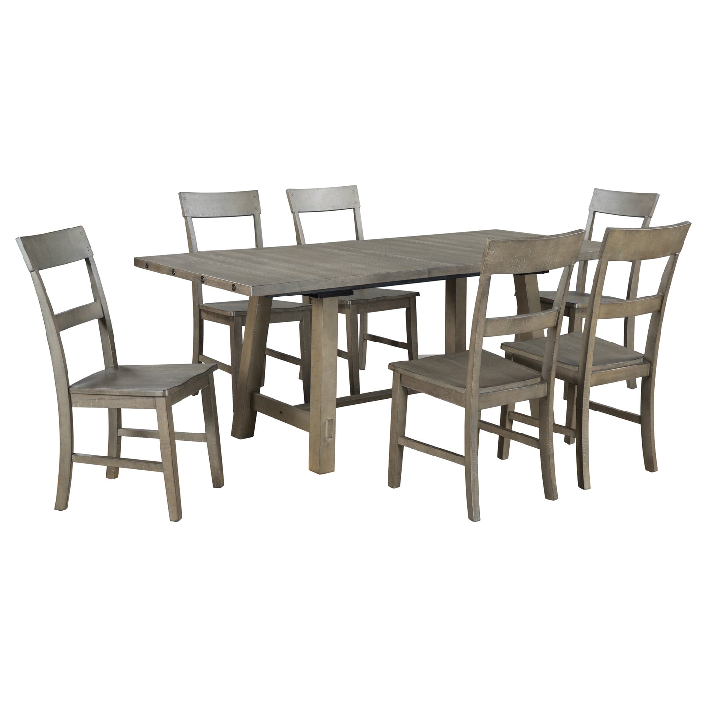 TREXM Retro Industrial Style 7-Piece Dining Table Set Extendable Table with 18” Leaf and Six Wood Chairs 
(Gray)