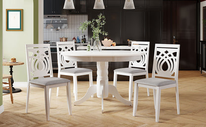 TOPMAX Mid-Century 5-Piece Extendable Round Dining Table Set with 4 Upholstered Dining Chairs for Small Places, White