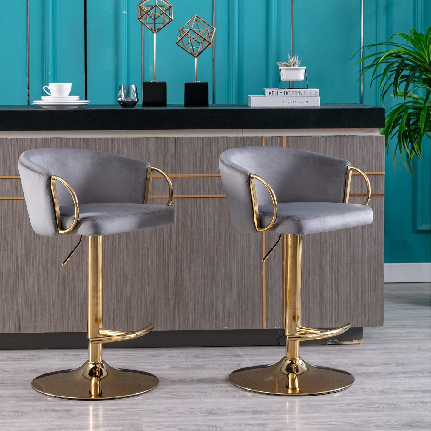 Set of 2  Bar Stools,with Chrome Footrest and Base Swivel Height Adjustable Mechanical Lifting Velvet + Golden Leg Simple Bar Stool-Grey