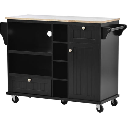 K&K Kitchen Island Cart with Storage Cabinet and Two Locking Wheels,Solid wood desktop,Microwave cabinet,Floor Standing Buffet Server Sideboard for Kitchen Room,Dining Room,, Bathroom（Black）