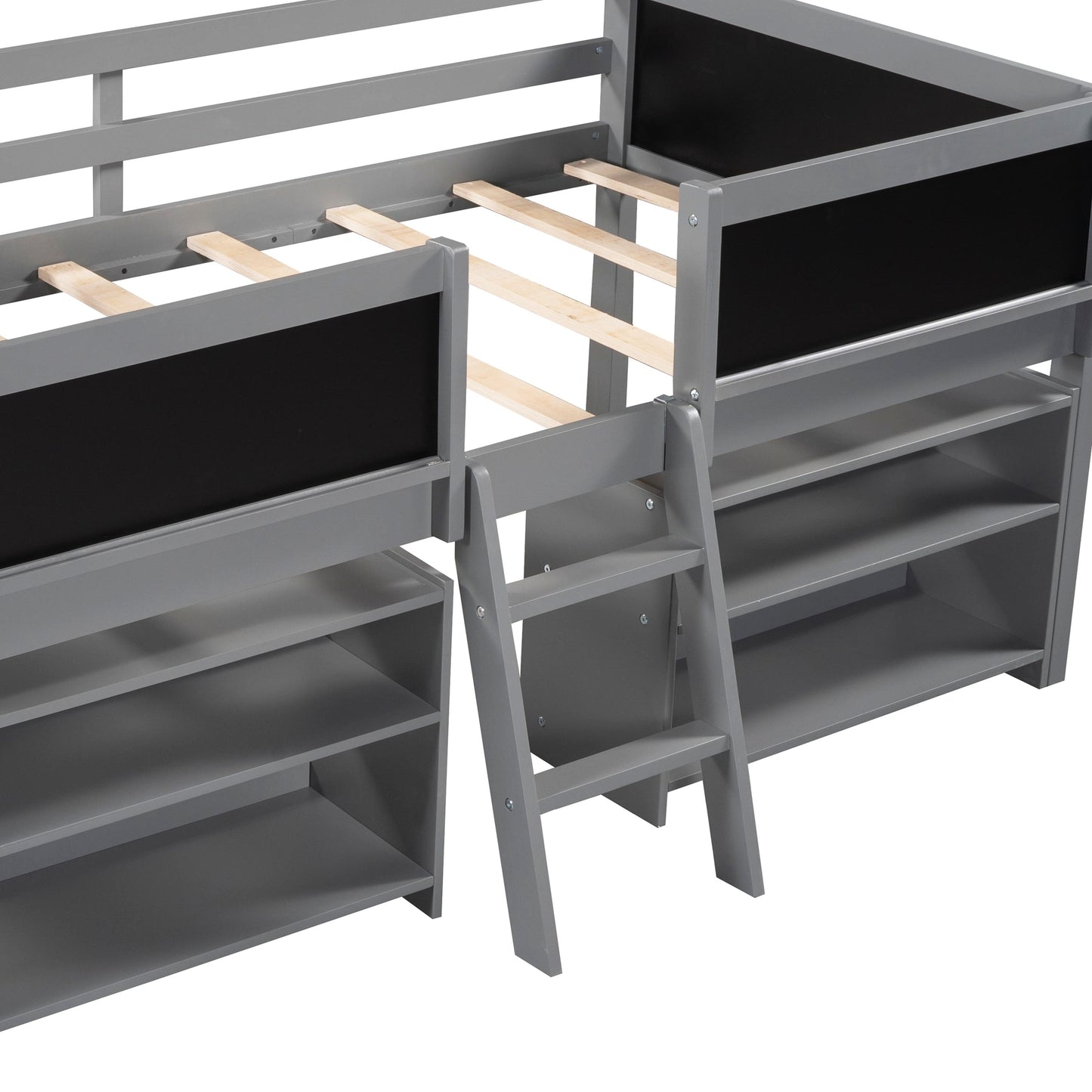 Twin Size Low Loft Bed with Two Movable Shelves and Ladder,with Decorative Guardrail Chalkboard,Gray