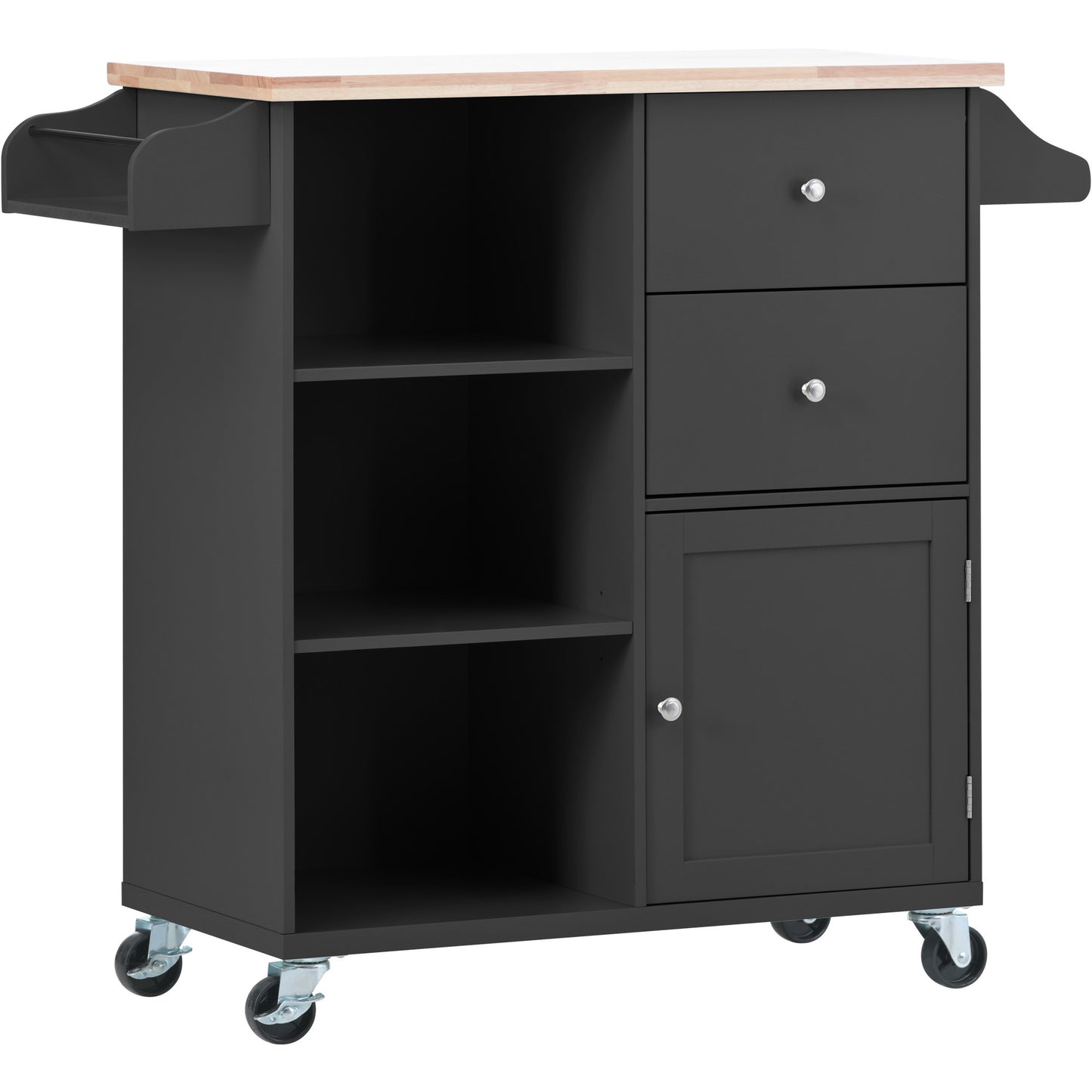 K&K Store Kitchen Cart on 4 Wheels with 2 Drawers and 3 Open Shelves, Kitchen Island with Rubber Wood top for Dinning Room, Black