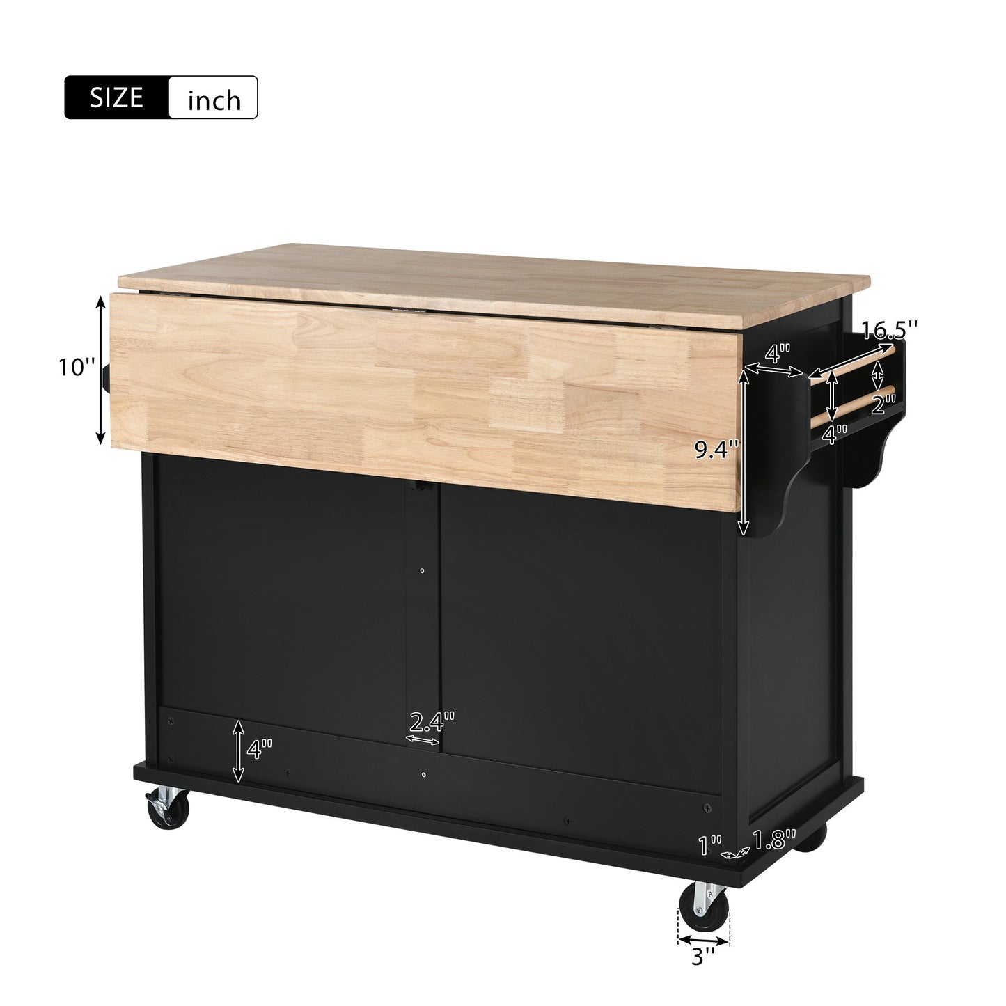 K&K Kitchen Cart with Rubber wood Drop-Leaf Countertop, Concealed sliding barn door adjustable height,Kitchen Island on 4 Wheels with Storage Cabinet and 2 Drawers,L52.2xW30.5xH36.6 inch, Black