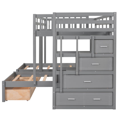 Full Over Twin & Twin Bunk Bed, Wood Triple Bunk Bed with Drawers and Guardrails (Gray)