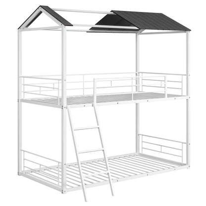 Twin Over Twin Bunk Bed Metal Bed with Half Roof, Guardrail and Ladder White