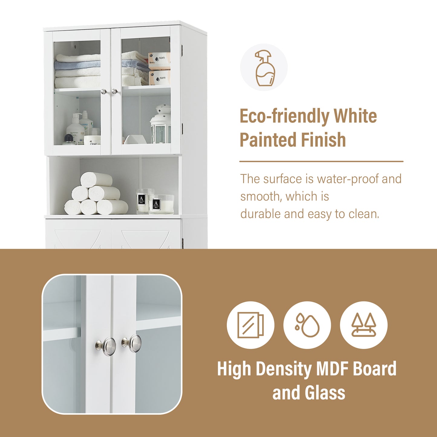 Tall Storage Cabinet with Glass Doors for Bathroom/Office, Multiple Storage Space, White