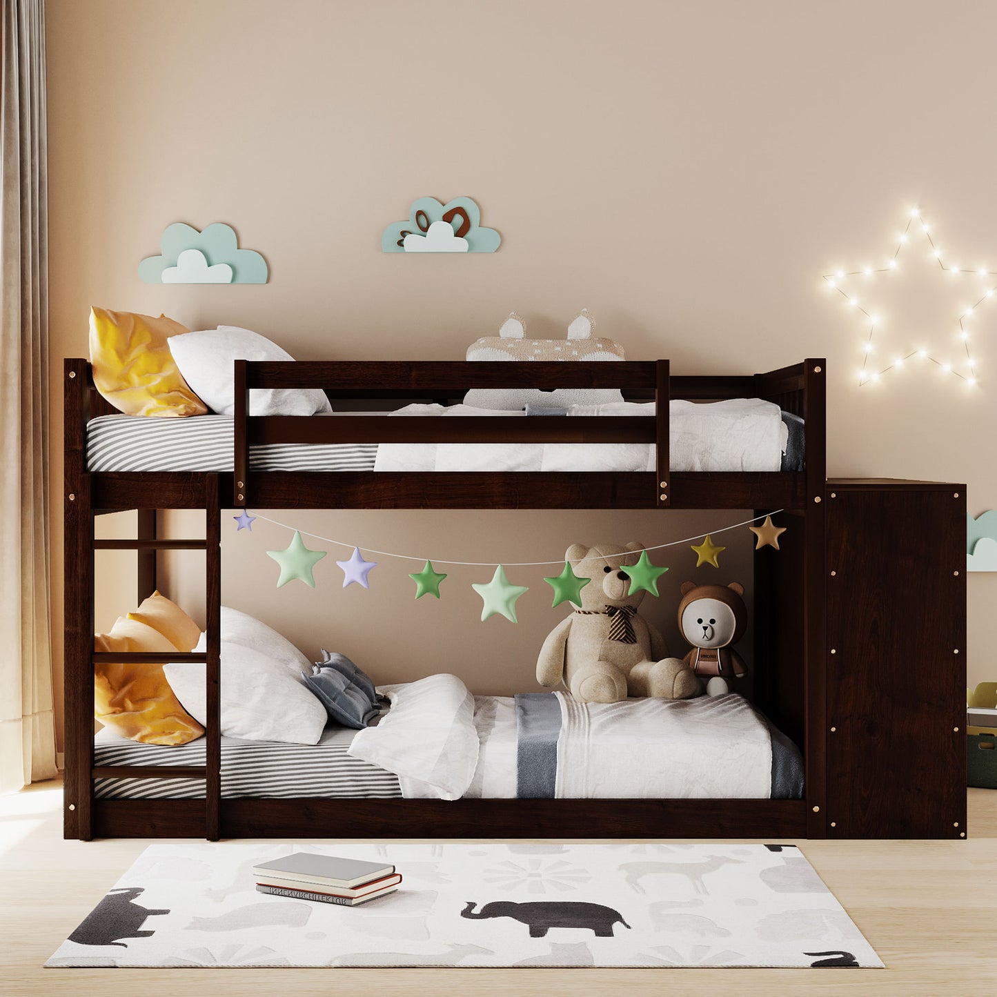 Twin over Twin Bunk Bed with 4 Drawers and 3 Shelves-Espresso（OLD SKU: LP000067AAP）