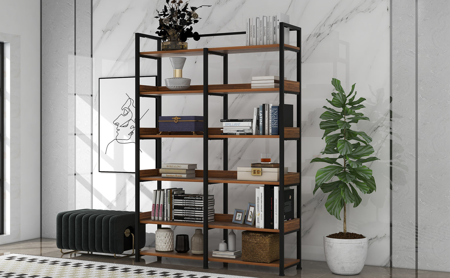 70.8 Inch Tall Bookshelf MDF Boards Stainless Steel Frame, 6-tier Shelves with Back&Side Panel, Adjustable Foot Pads, Brown