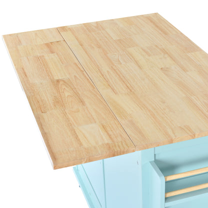 K&K Kitchen Cart with Rubber wood Drop-Leaf Countertop, Concealed sliding barn door adjustable height,Kitchen Island on 4 Wheels with Storage Cabinet and 2 Drawers,L52.2xW30.5xH36.6 inch, Mint Green