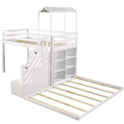 Twin over Full House Roof Bunk Bed with Staircase and Shelves, White