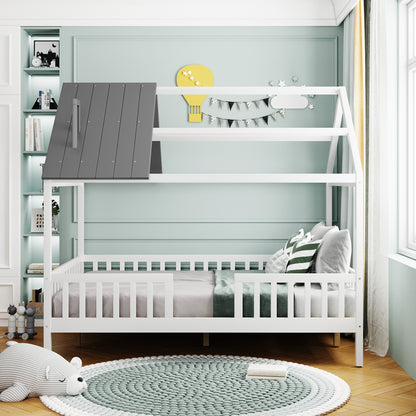 Full Size Wood House Bed with Fence, White+Gray