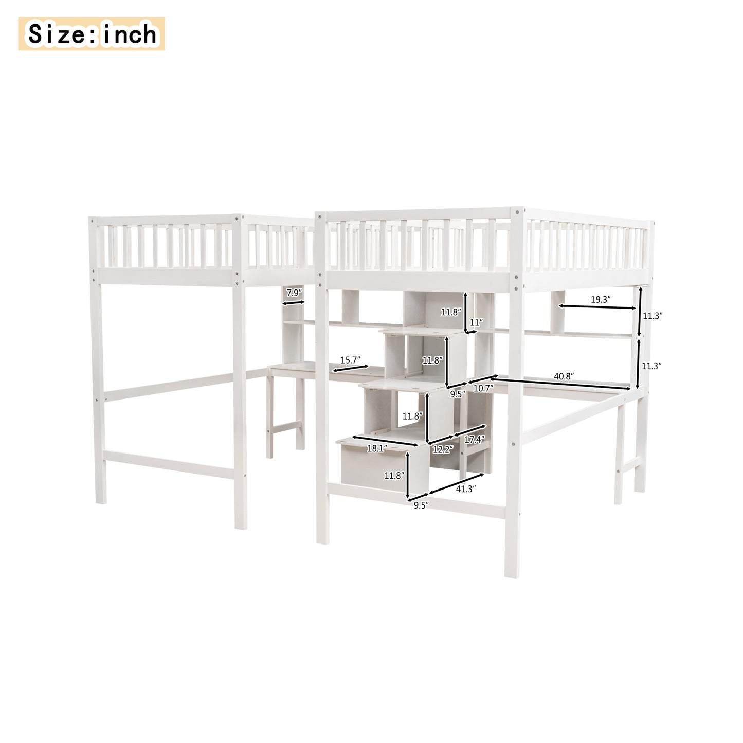 Twin & Twin Size Loft Bed with 2 Built-in Desks and Shelves, Storage Staircase, White