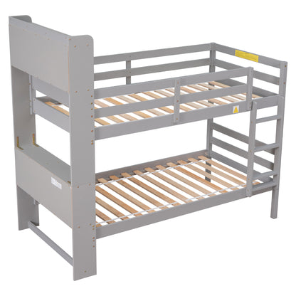 Twin Over Twin Bunk Beds with Bookcase Headboard, Solid Wood Bed Frame with Safety Rail and Ladder, Kids/Teens Bedroom, Guest Room Furniture, Can Be converted into 2 Beds, Grey