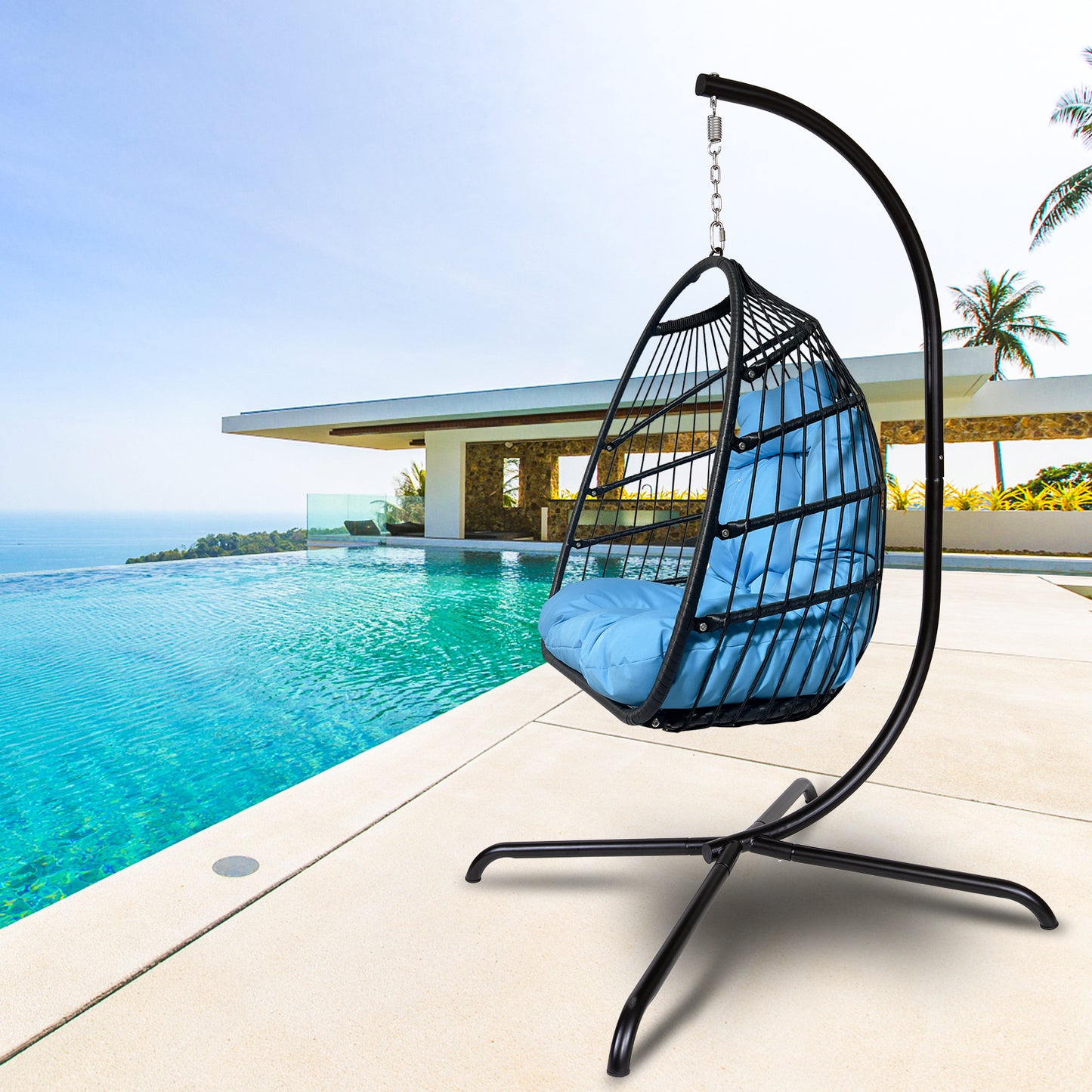 Swing Egg Chair with Stand Indoor Outdoor Wicker Rattan Patio Basket Hanging Chair with C Type bracket , with cushion and pillow,Patio Wicker folding Hanging Chair