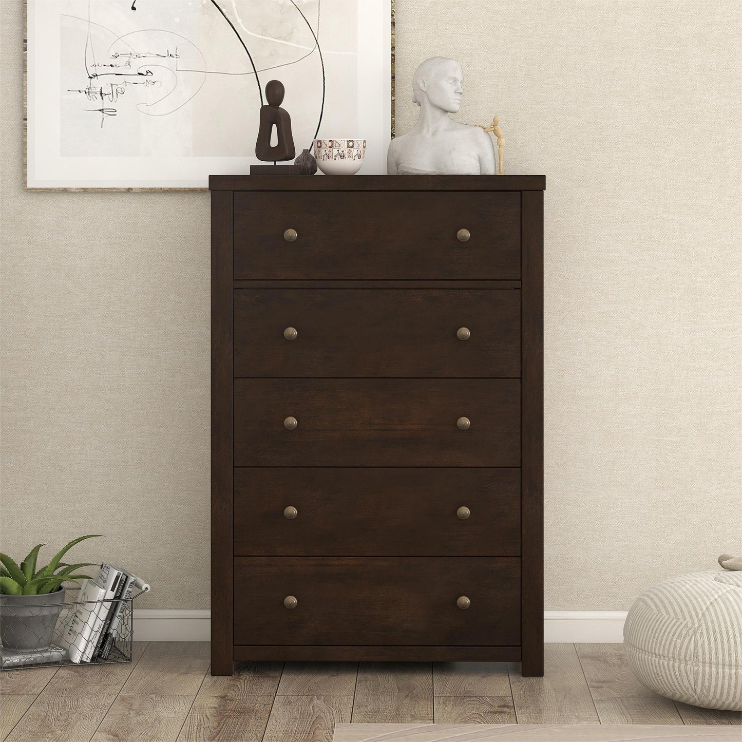 Vintage Aesthetic 5 Drawers Solid Wood Chest in Rich Brown (Chest of Freely Configurable Bedroom Sets)