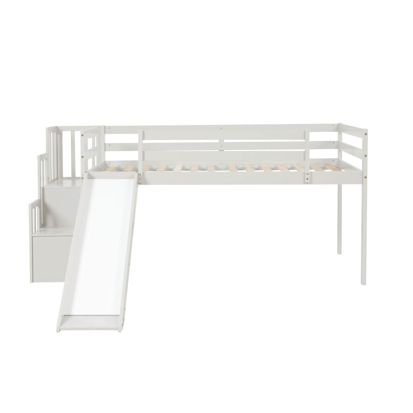 Loft Bed with Staircase, Storage, Slide, Twin size, Full-length Safety Guardrails, No Box Spring Needed, White \\\\n(Old Sku:W504S00004)