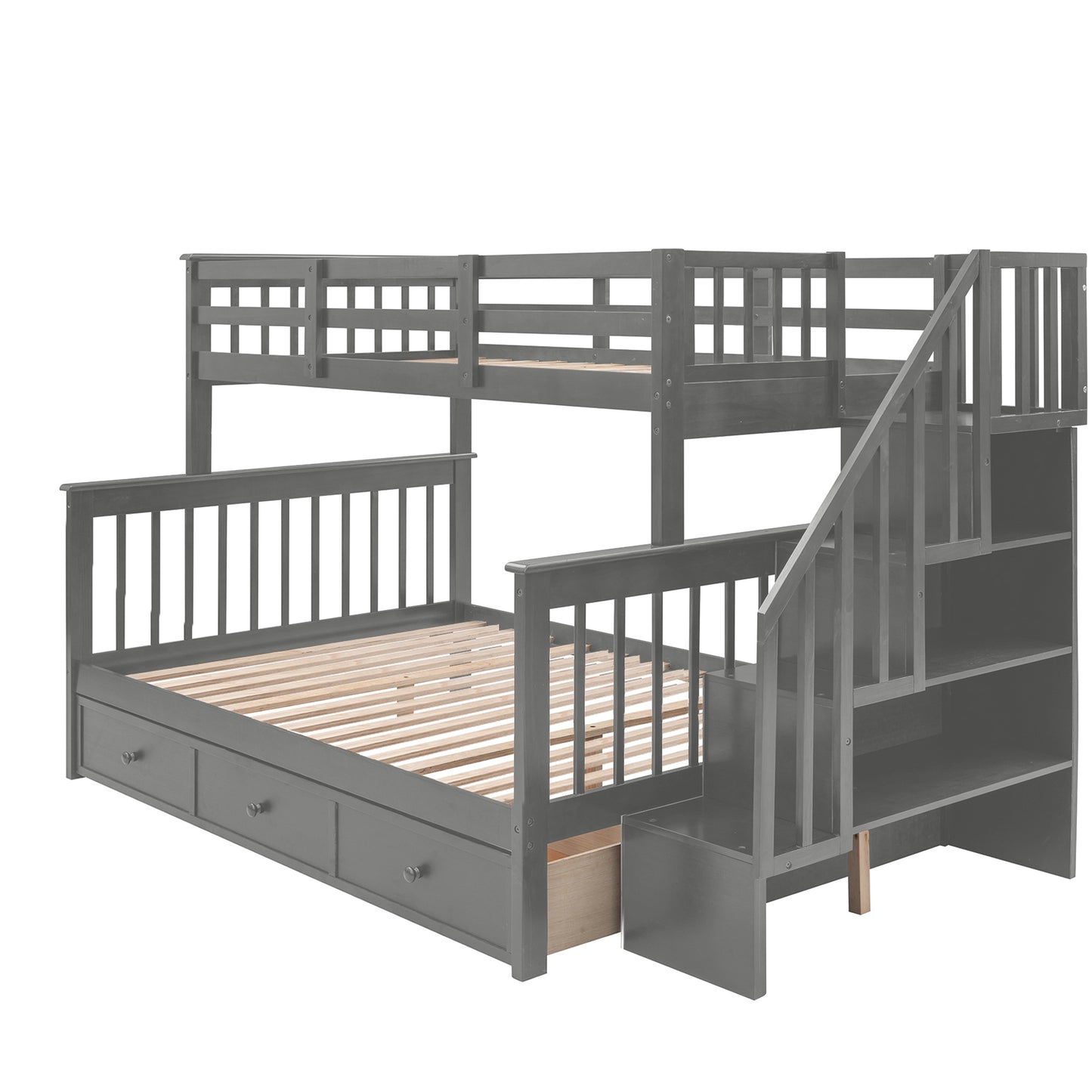 Stairway Twin-Over-Full Bunk Bed with Drawer, Storage and Guard Rail for Bedroom, Dorm, for Adults, Gray color(Old SKU: LP000219AAE)