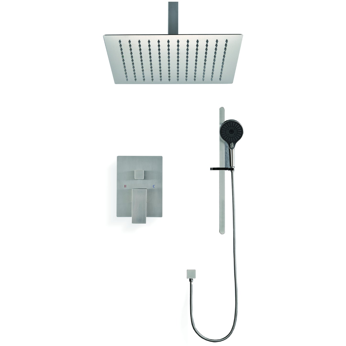 Shower System 16Inch Square Bathroom Luxury Rain Mixer Shower Combo Set Pressure Balanced Shower System with Shower Head, Hand Shower, Slide Bar, Shower Arm, Hose, and Valve Trim