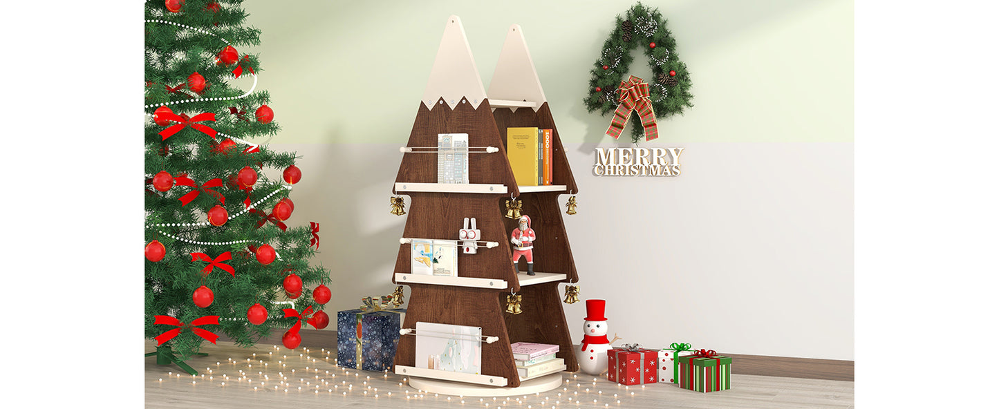 Christmas Rotating Bookshelf,Wooden Storage Rack for Kids Room, 360° Display Organizer for Study Room,Walnut+Cream