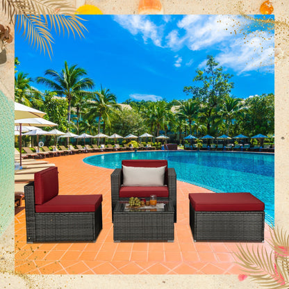 Outdoor Garden Patio Furniture 4-Piece Gray PE Rattan Wicker Sectional Red Cushioned Sofa Sets with 1 Beige Pillow