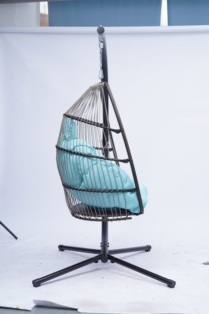 Patio Wicker folding Hanging Chair,Rattan Swing Hammock Egg Chair with C Type bracket , with cushion and pillow,for Indoor,Outdoor，Blue