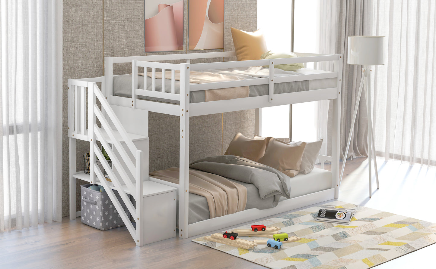 Twin over Twin Floor Bunk Bed, Ladder with Storage, White