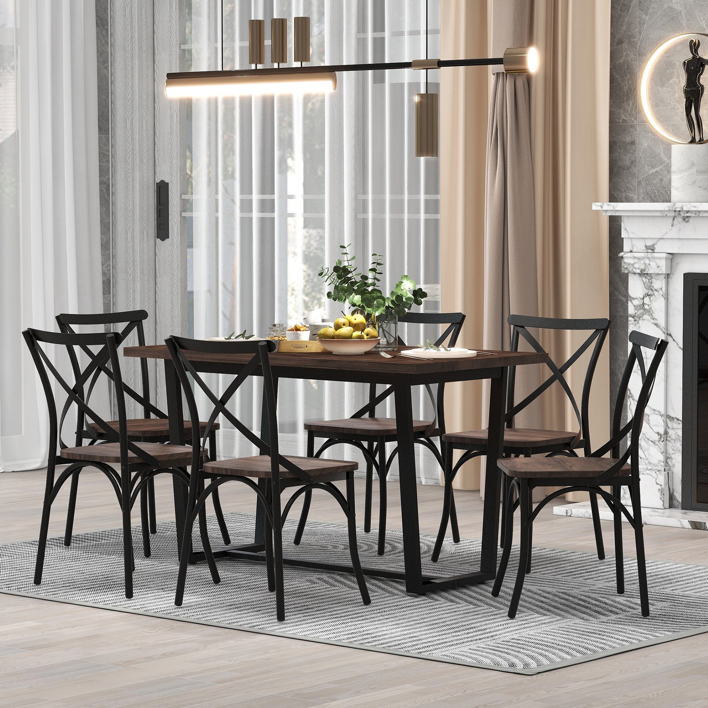 TREXM 7 Piece Industrial Dining Table Set Rectangular Table with 6 Dining Chairs Kitchen Table Set with Metal Frame (Rustic Brown)