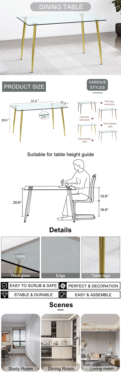 Modern Minimalist Rectangular Glass  Dining Table for 4-6 with 0.31" Tempered Glass Tabletop and Golden plating Metal Legs, Writing Table Desk, for Kitchen Dining Living Room, 51" W x 31"D x 30" H