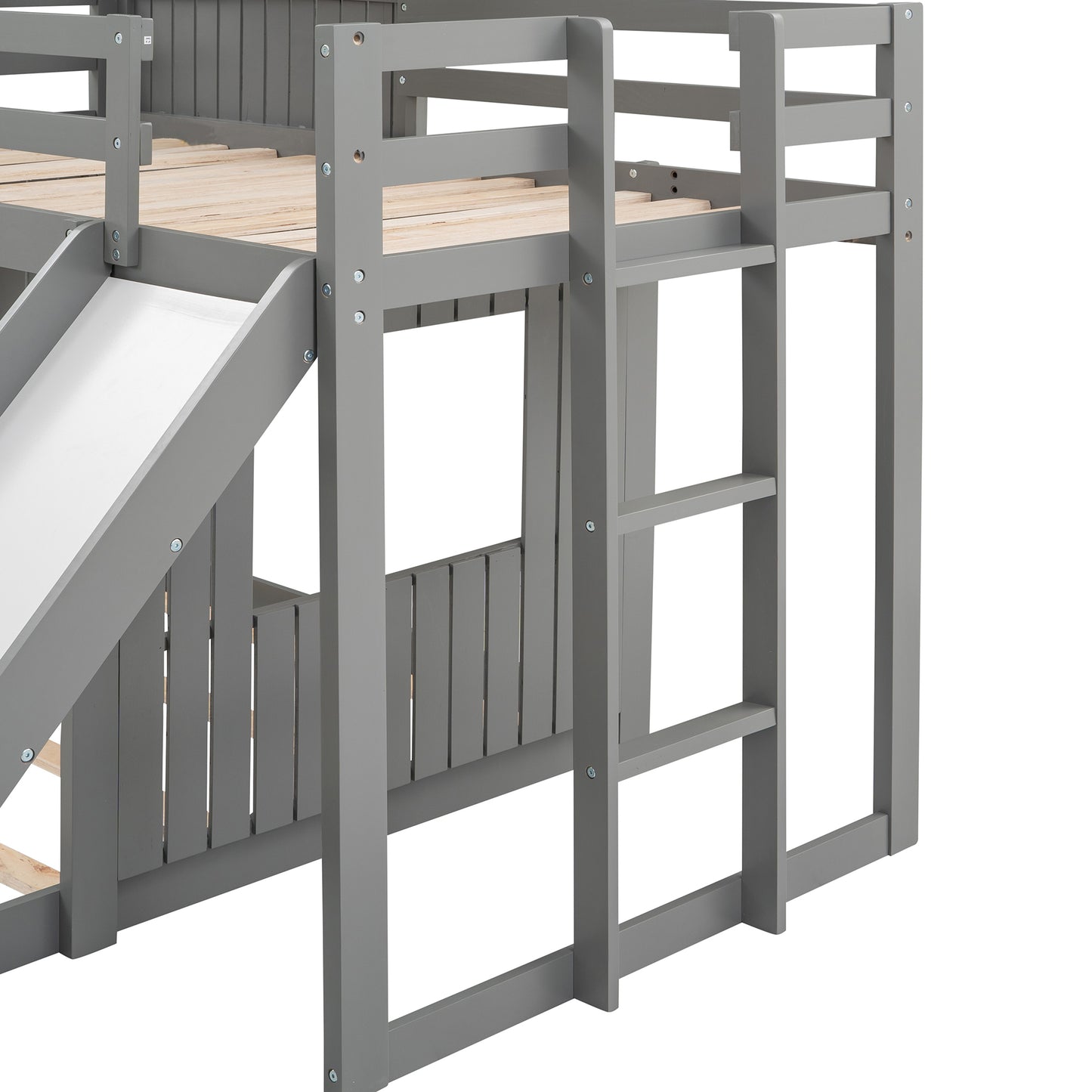 Wooden Twin Over Full Bunk Bed, Loft Bed with Playhouse, Farmhouse, Ladder, Slide and Guardrails . Gray(OLD SKU :LP000028AAN)