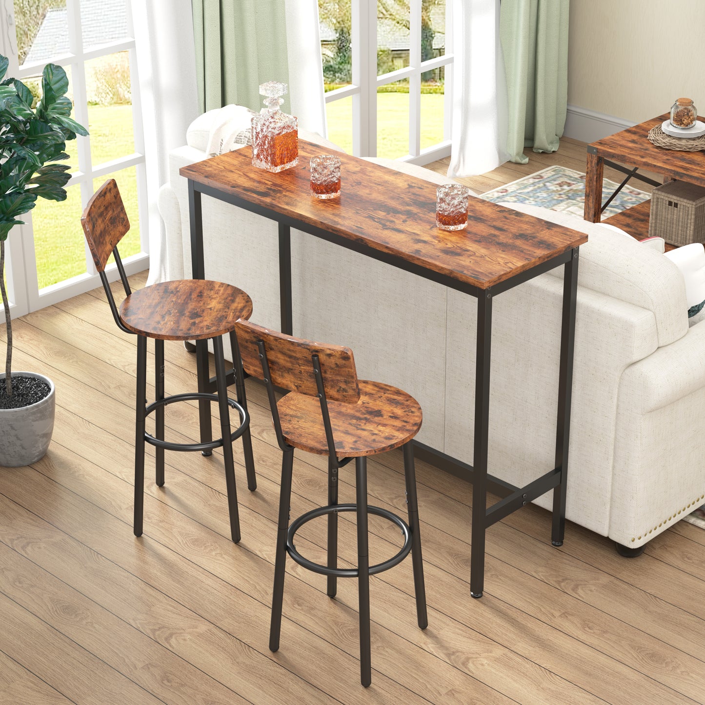 Bar Table Set with 2 Bar stools (Rustic Brown,43.31’’w x 15.75’’d x 35.43’’h)