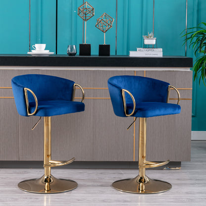 Set of 2  Bar Stools,with Chrome Footrest and Base Swivel Height Adjustable Mechanical Lifting Velvet + Golden Leg Simple Bar Stool-Navy