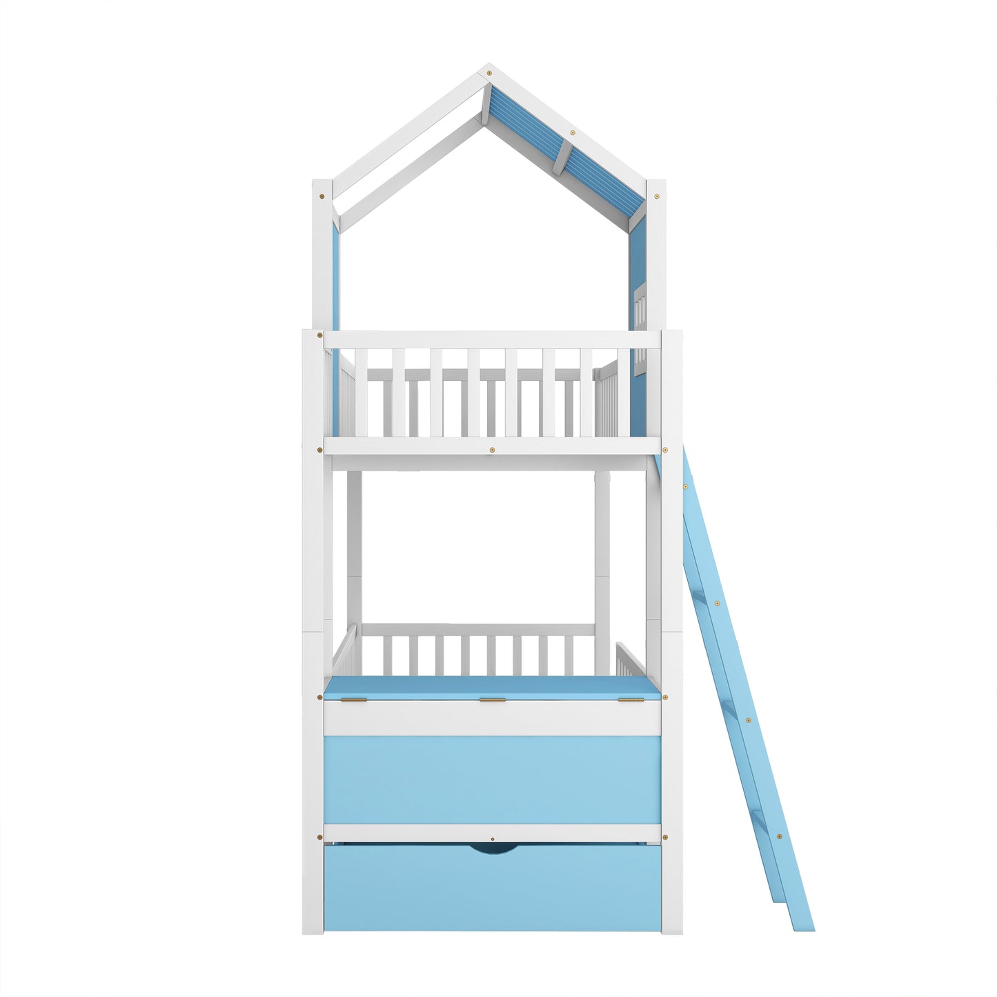 Twin over Twin Bunk Bed with Twin Size Trundle , Farmhouse Bed with Storage Box and Drawer - Blue